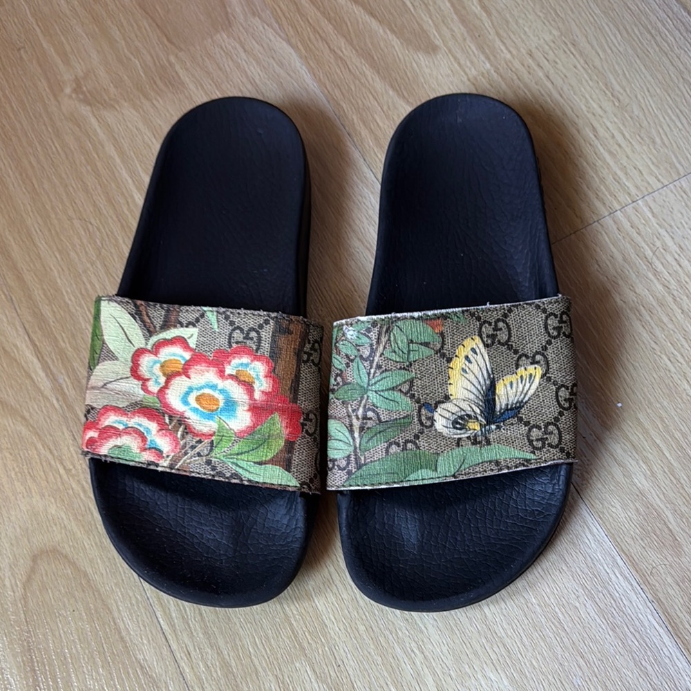 Gucci Black Slides with Floral and Butterfly Design